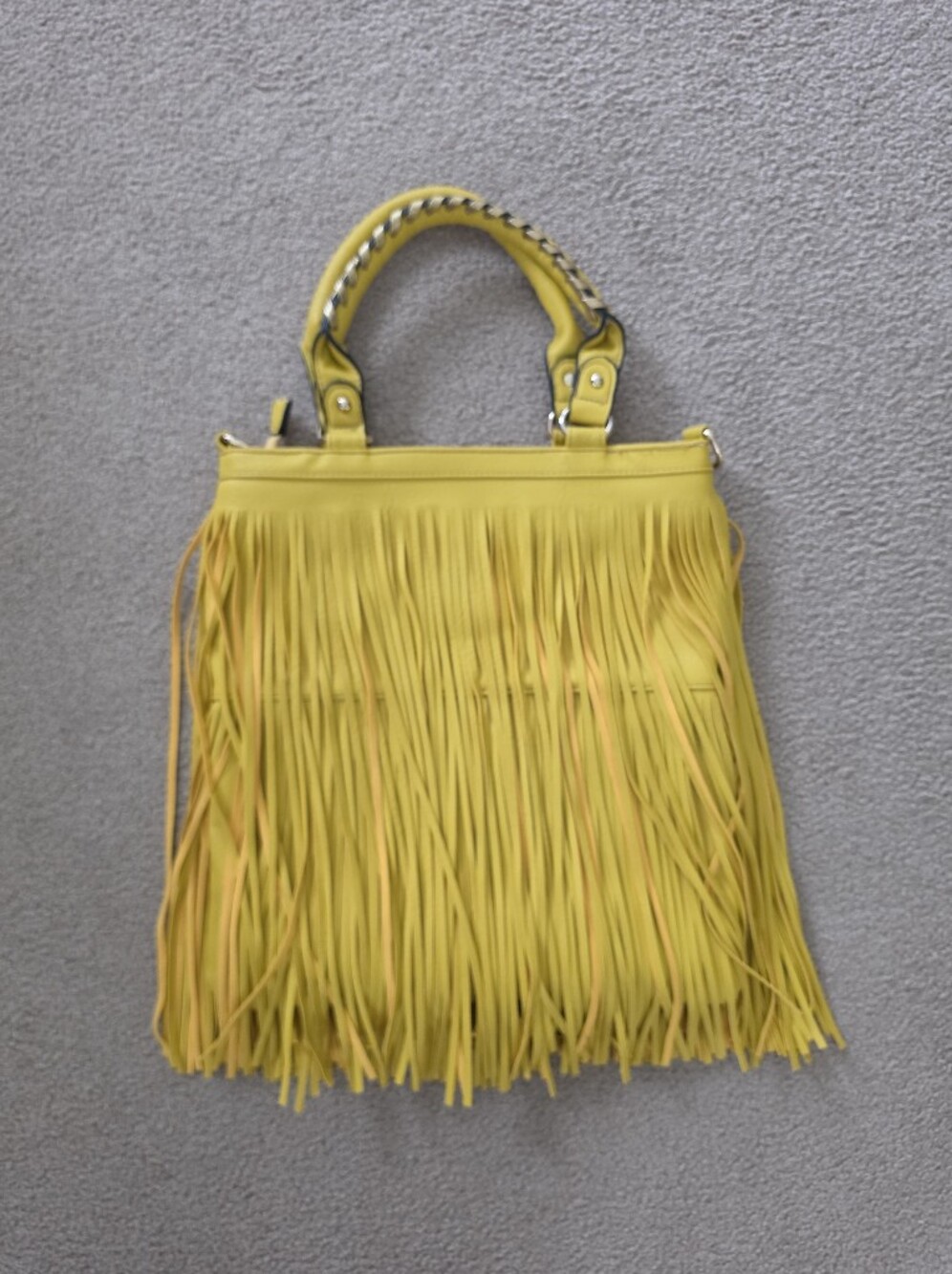 Yellow Fringe Tote with Chain-Accent Handle